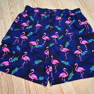Brisira Mens Flamingo Tropical Print Swim Trunks Navy Pink 44 Board Shorts